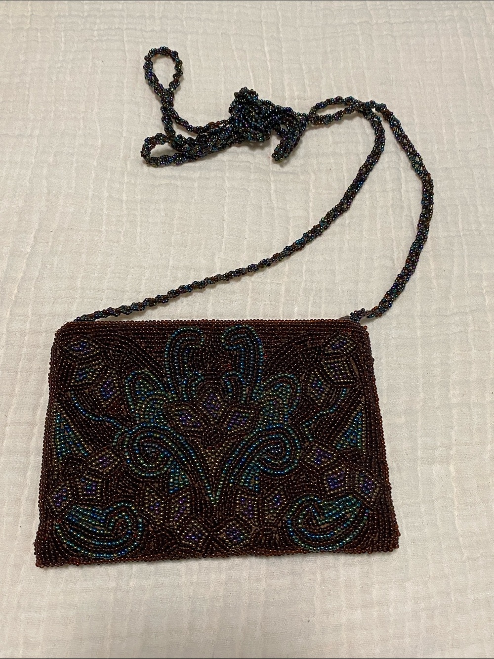 Vintage Beaded Crossbody Bag in Brown with Iridescent Accents-Unbranded